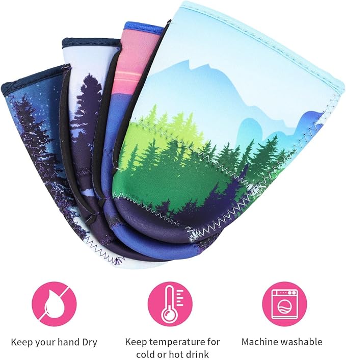4Pack Reusable Iced Coffee Sleeve Insulator Sleeves for Cold Drinks Beverages, Neoprene Cup Holder for Most Coffee, Fits 30-32oz Large Cups (Nature Landscape)