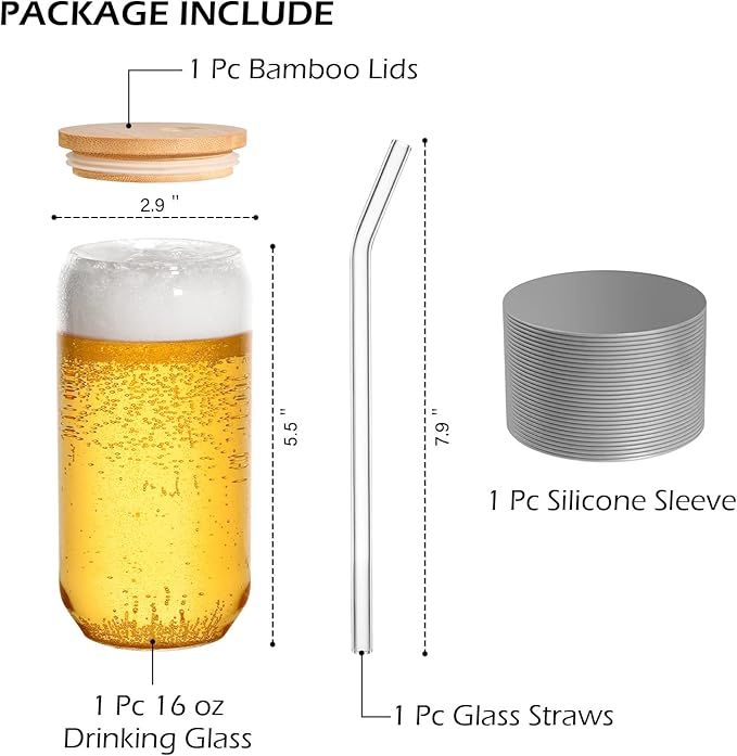 BEWAVE Drinking Glass, 16oz Can Shaped Glasses Cups, Iced Coffee Glasses, Beer Tumbler, for Whiskey, Soda, Tea, Juice, Gift, with Lid, Straw and Sleeve, 1 Pc
