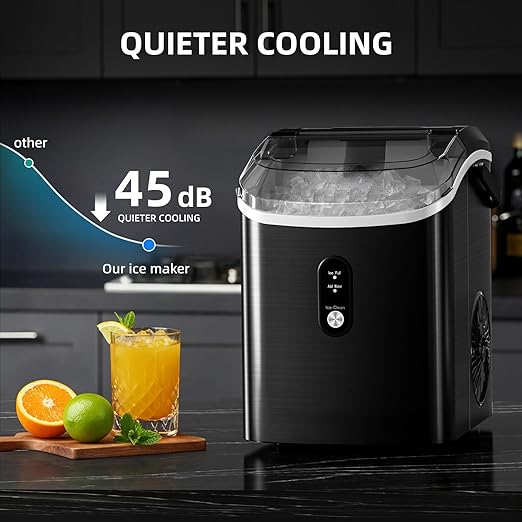 Antarctic Star Nugget Ice Maker Countertop, 35lbs/24H Ice Machine, Soft Chewable Sonic Ice, Self-Cleaning, Fast Ice Ready in 8 Minutes, Compact Design with Handle, Stainless Steel Black