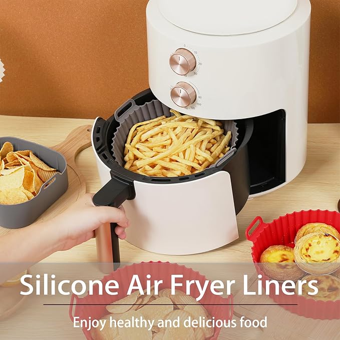 Silicone Liners, Pot 2 Pcs Reusable Non-Stick Air Fryer Basket Bowl Fit 3-5QT Baking Replacement of Flammable Parchment Paper(Round, 6.5 Inch)