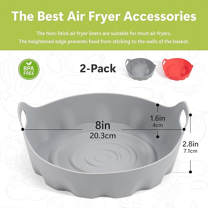 Li&Zhao Silicone Air Fryer Liners Reusable - 2 PCS Round Air Fryer Inserts Accessories 4 to 7 Qt Silicone Liners for Basket(Red & Gray)