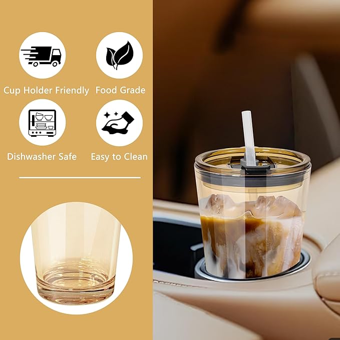 15oz 2 Pcs Glass Iced Coffee Cup with Lid Straw Thick Leak Proof Drinking Glasses Tumbler for Gift Cold Drink Smoothie Boba Tea(Amber*2)