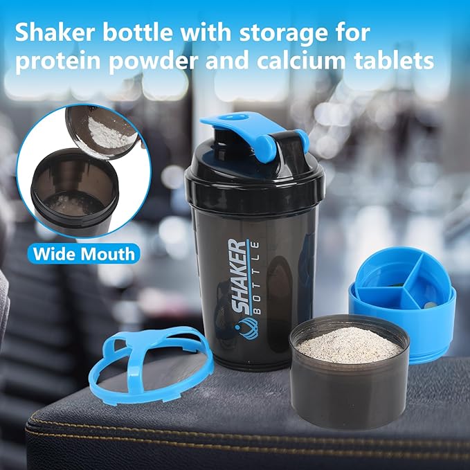 Protein Shaker Bottle,Sports Water Bottle,Leak Proof Shake Bottle For Protein Mixer,Non Slip 3 Layer Twist Off 3oz Cups with Pill Tray,Workout Shaker Bottle 16oz,Blue