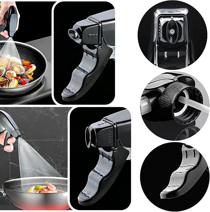 Oil Sprayer for Cooking 180ml, Olive Oil Mister with Fine Mist Trigger, Stainless Steel Refillable Glass Dispenser Bottle 6.35oz for Air Fryer BBQ Salad & Baking (Black+Stainless Steel)