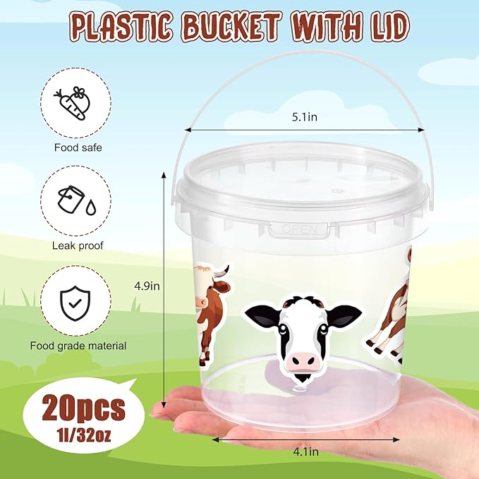 PerKoop 20 Pcs 32 oz Ice Cream Buckets with Lids and Handles Clear Cocktail Rum Buckets with Stickers Plastic Transparent Tub Reusable Food Storage Containers for Parties(Cow)