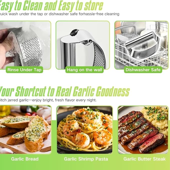 Garlic Press Rocker, Stainless Steel Garlic Mincer and Heavy Duty Stainless Steel Garlic Press Garlic Crusher,mincer tool Easy-Squeeze Garlic Tool with Peeler Cleaning Brush for Smashing Garlic
