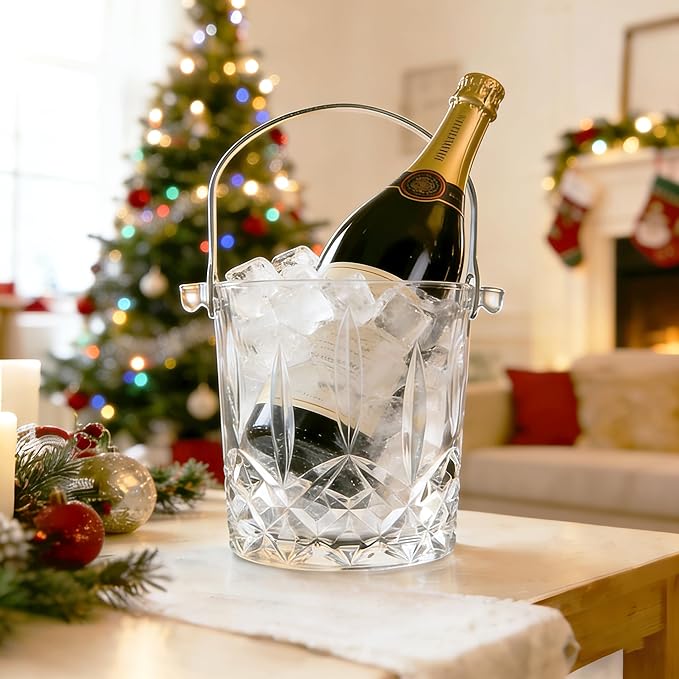 30.4oz Glass Ice Bucket with Handle Ice Tong 5 * 4.1inch Crystal Clear Cocktail Wine Champagne Cooler for Christmas Bar Parties Cocktail Accessories