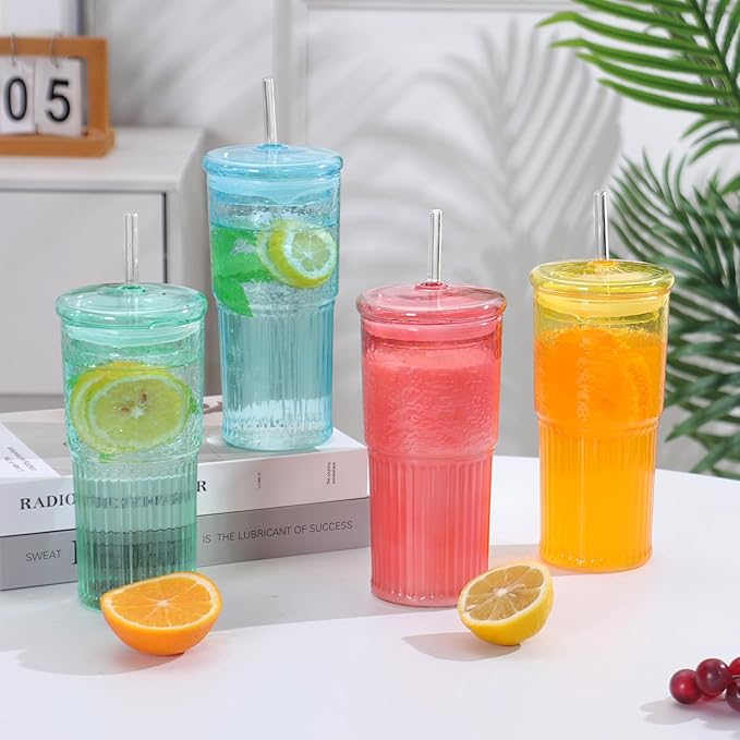 QWEZXO 20 OZ Glass Cup with Lids and Glass Straws, High Borosilicate Iced Coffee Glass Tumblers with Lid and Straw for Drinks, 2pcs Reusable Wide Mouth Smoothie Cup(Red)
