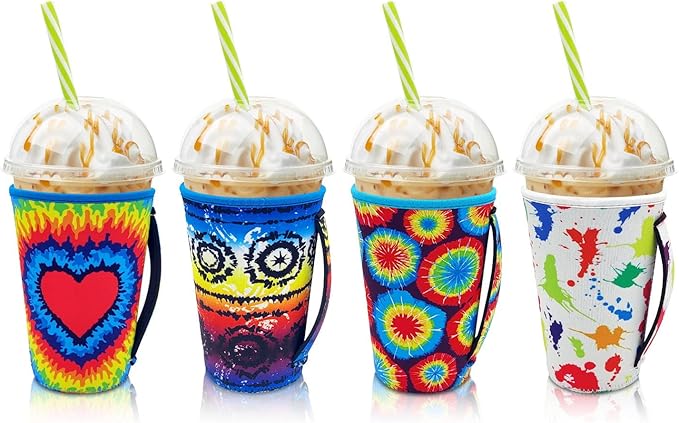 4Pack Reusable Iced Coffee Sleeve Insulator Sleeves for Cold Drinks Beverages, Neoprene Cup Holder With Handle for Most Coffee, Fits 30-32 Oz Large Cups (Tie dye with Handle)