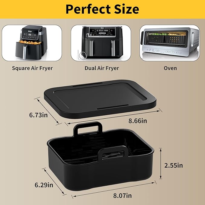 Air Fryer Silicone Liners Thickening Reusable with Lid for Ninja 10QT DZ550 DZ401 DZ302 SL401 Dual Air Fryers, 2 Pack Air Fryer Accessories for COSORI, Chefman, Instant 5-8QT Air Fryer Basket