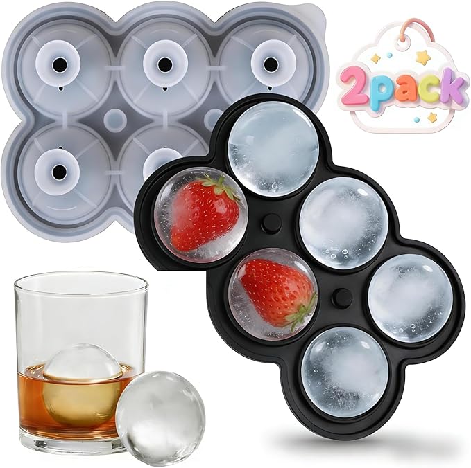 Sphere Ice Ball Mold with Lid, Food-Grade Silicone Ice Trays, Easy Fill and Release Round Ice Maker Mold for Whiskey, Bourbon, Cocktail, Drinks(1.7In*6 Balls- Black/2 Pack)