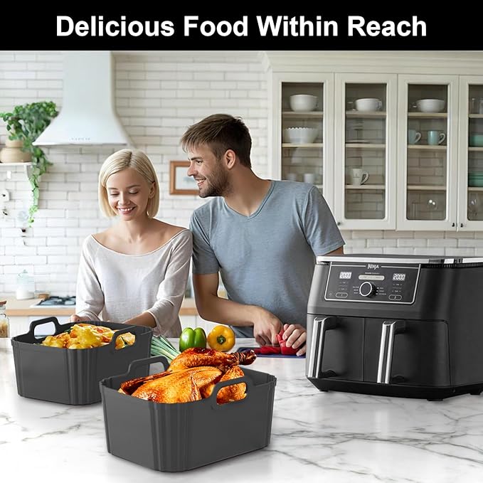10QT Large Thickened Silicone Air Fryer Liners 2 Pack for Ninja Foodi Dual Zone DZ550 DZ401 DZ550GY DZ302, Reusable 2-Basket Trays, 6-in-1 DualZone Airfyer Accessories