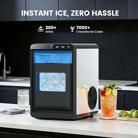 Kndko Nugget Ice Makers Countertop, Pebble Ice Machine & Crushed Ice Maker 44Lbs/24H, Pellet Ice Makers with Ice Scoop & Removable Basket, Self-Cleaning Countertop Ice Machine for Home/Kitchen/Office