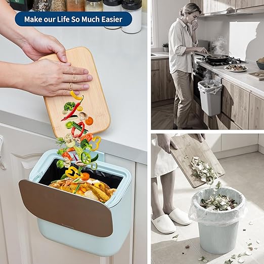 1.8 Gallon/7L Hanging Trash Can, with Stainless Steel Lid, Under Sink Compost Bin for Kitchen Cabinet Door, Garbage Can with Hanging Hook,Food Waste Bin for Kitchen, Bedroom, RV, Bathroom, Green