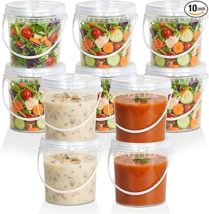 Airtight Clear Plastic Bucket with Lid, Ice Buckets for Parties, Reusable Ice Cream Tub with Handle, Food Storage Container, Food Grade Freezer and Microwave Safe for Sauce, Soup (32 OZ/1000 ML)