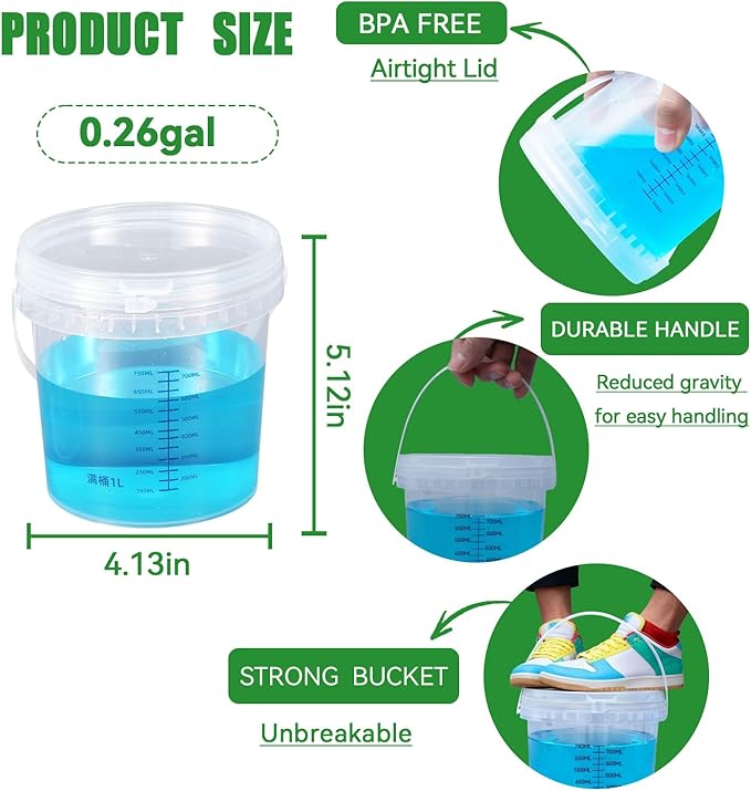 4 Pack 34 Clear Plastic Buckets with Secure Pressure Lids - Food Safe Storage Containers with Tear Strip & Blue Lines, Ideal for Food, Soup, Freezer Storage