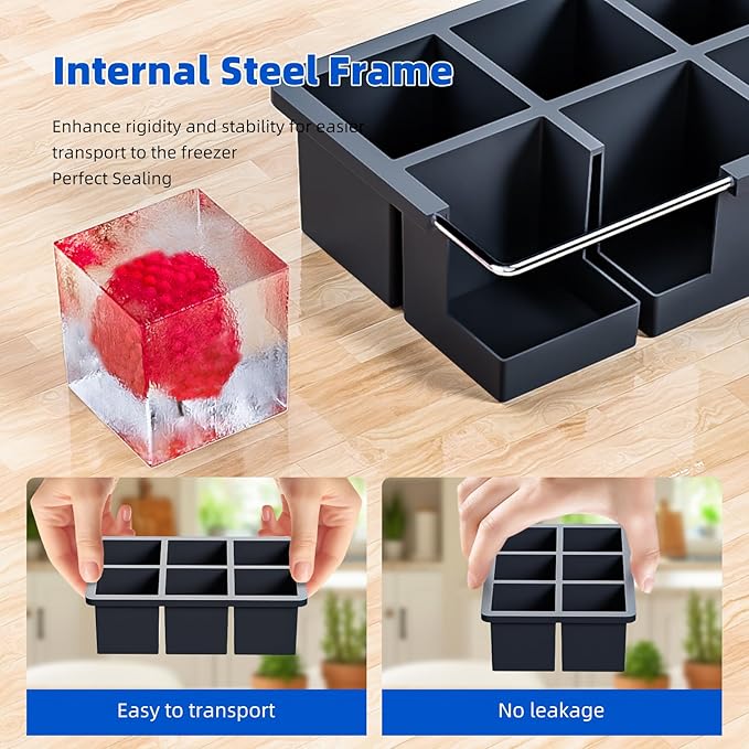 Large Ice Cube Tray for Whiskey, HANCELANT Big Silicone Square Ice Cube Mold with Removable Lid, 2'' Huge Square Ice Cubed Tray for Whisky and Cocktail, Black