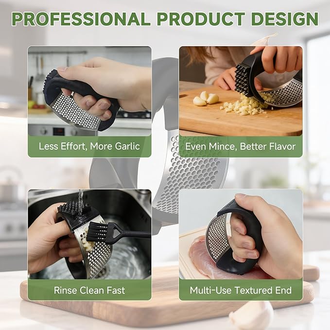 Garlic Press Rocker 304 Stainless Steel Garlic Mincer Crusher Easy to Clean Dishwasher Safe Textured End for Light Tenderizing, with Silicone Peeler and Cleaning Brush