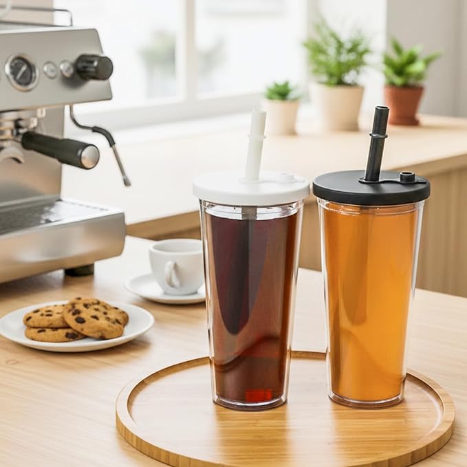 Honeydak 2 Pack 24 oz Reusable Iced Coffee Cups with Lids and Straws Leakproof Double Wall Insulated Clear Plastic Iced Coffee Tumblers with Straw Brushes