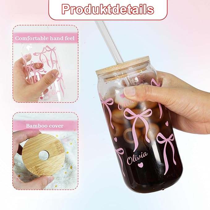 Mason Life Personalized Cups with Bows-Can Shaped Glass with Lids and Straws-18OZ Bow Decor Iced Coffee Cups -Cute Glass Tumbler Birthday Thanksgiving Christmas Gift for Women