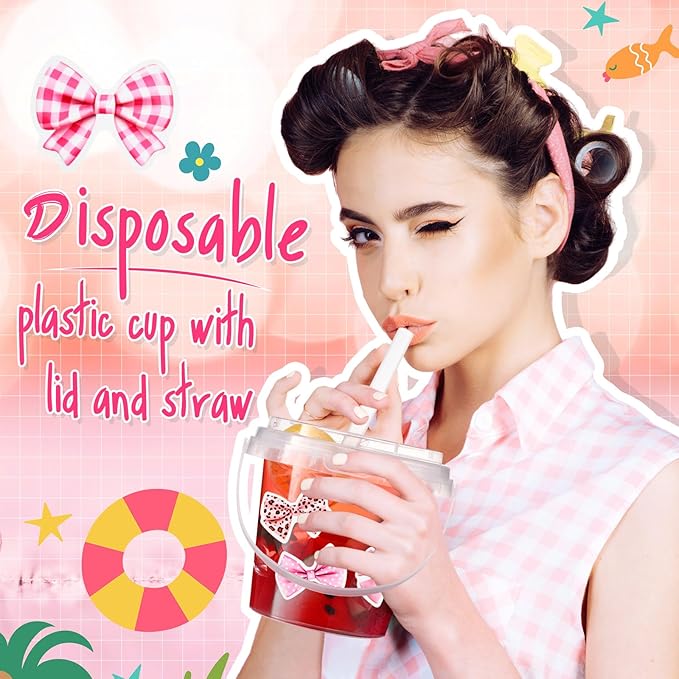 Funnymoom 30 Set Pink Bow Clear Plastic Cups with Lids & Straws 24oz Disposable Rum Drink Buckets Bulk for Cocktail Parties with Handles & Stickers for Holiday Birthday Beach Pool Party Supplies