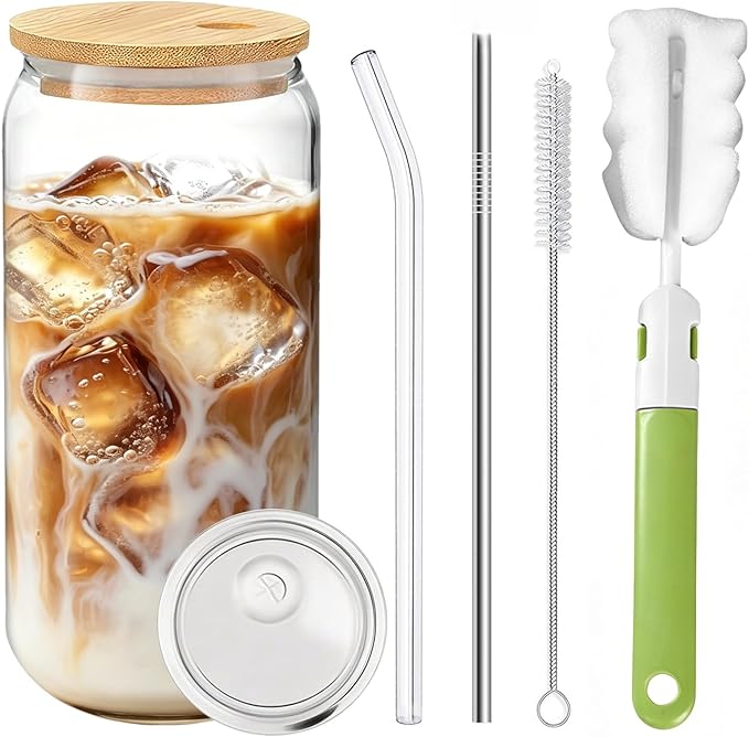 Glass Cups with Lids and Straws, 20 oz Dual Lid Two Straw Tumbler, Travel Home Versatile Beer Can Cup, Iced Coffee Drinkware, Clear Mug for Smoothie Beverage with Two Cleaning Brushes