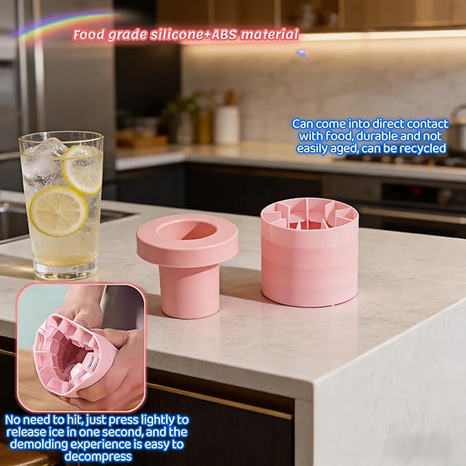 3D Upgraded Silicone Ice Cube Tray with Easy Release-30 Cubes, Leak-Proof&Space-Saving for Freezer,RV,Office-BPA-Free Fast Ice Maker for Drinks,Cocktails, Party (Includes Travel Ice Bucket) (Pink)