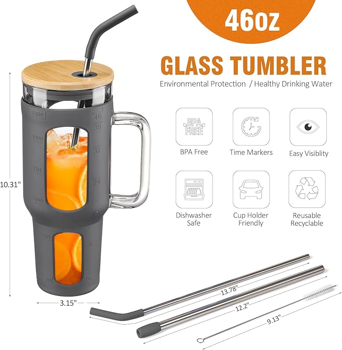 WINSA Glass Tumbler with Lid and Straw, 46 oz Iced Coffee Cup with Handle, Large Water Bottles with Silicone Sleeve, Glass Cup with Straws - Pearl Straw & Drinking Straw BPA Free-Grey