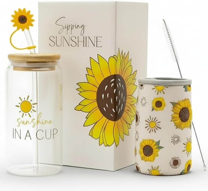 The Love Crate Co. Sunflower Gifts for Women - Glass Tumbler with Lid and Straw, Customized Straw Stopper and Cup Sleeve. Aesthetic Unique Design Iced Coffee Gift Cup for Mom, Teacher, Friend