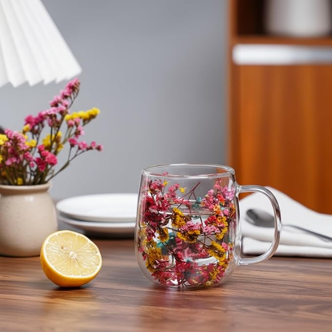 Double Wall Glass Flower Coffee Cups Tea Mug For Women