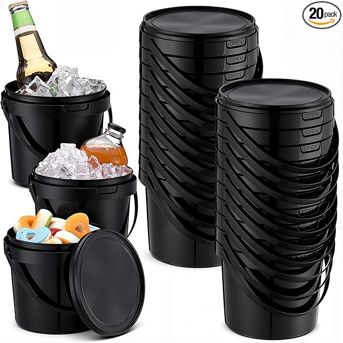 Funnymoom 20 Pack 48 oz Black Buckets with Lid and Handle Plastic Food Storage Containers Round Plastic Pails Freezer and Microwave Safe for Food