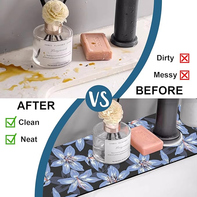 Blooming Lily Sink Splash Guard Faucet Mat Blue Lily Flowers Super Absorbent Fast Drying Mat Sink Gadgets-Splash Guard Behind Faucet Drip Catcher for Kitchen Bathroom, 23.5"x5.5"