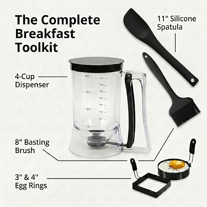 Complete Pancake & Cupcake Batter Dispenser Set - 4 Cup Capacity with Silicone Spatula, Basting Brush & Egg Rings - BPA Free All-In-One Breakfast & Baking Kitchen Tool for Home Cooking