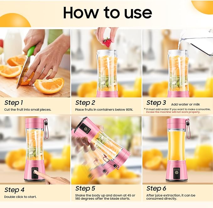 Cordless Portable Personal Size Blender - USB Rechargeable Blender for Smoothies and Shakes, 6 Blades with 380Ml BPA Free Juice Cup, Freshly Squeezed for Picnic/Sports