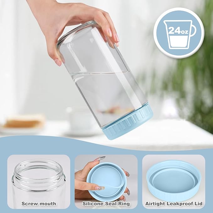 SHOWIN Overnight Oats Containers with Lids, 24oz Glass Jars with Lids 4 pcs, Light Blue, Wide Mouth Mason jars for Salad, Yogurt, Snacks, Meal Prep