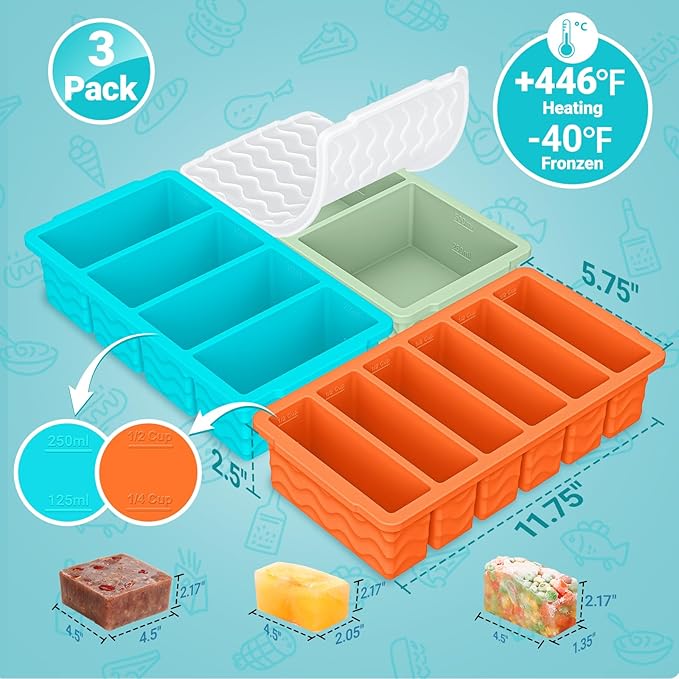 3-Pack Silicone Freezer Trays with Lid,2 Large 2-Cup(500ml)&4 Medium 1-Cup(125ml)&6 Small 1/2-Cup(75ml) Soup Freezer Container Molds,Ice Cube Tray For Meal Prep&Freezing Soup,Stews,Sauces