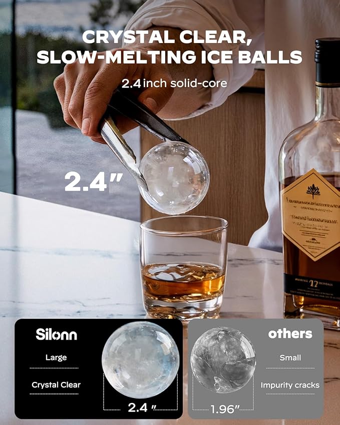 Silonn 2.4″ Sphere Ice Maker, Clear Ice Ball Maker with Slow-Melting, 3 pcs in 40 Mins, 100 pcs/Day, Crystal Sphere & Rapid Sphere Technology, Self-Cleaning Ice Maker Countertop Ideal for Whiskey