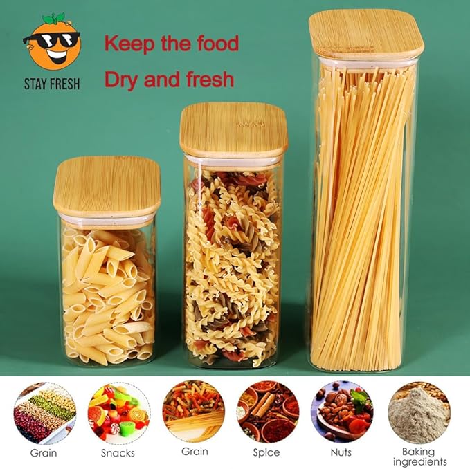 Tzerotone 68oz Glass Storage Containers Set of 3 with Lids, Ideal for Pasta, Pickles, Rice, Chia Pudding, Coffee, Spices, Snacks - Tall Jars, Yogurt & Meal Prep Containers for Kitchen Organization
