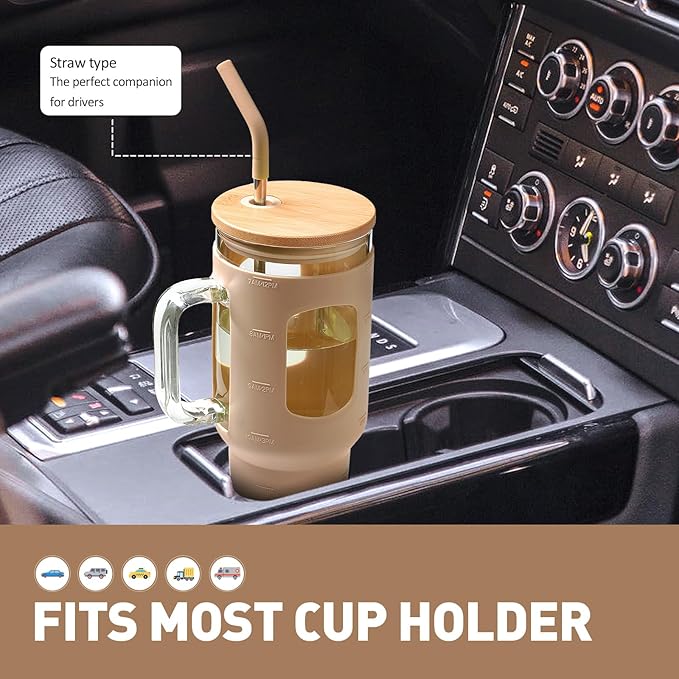 WINSA Glass Tumbler with Straw and Lid, 40 oz glass cup with handle, Glass Water Bottles with Time Marker, Silicone Protective Sleeve-Amber