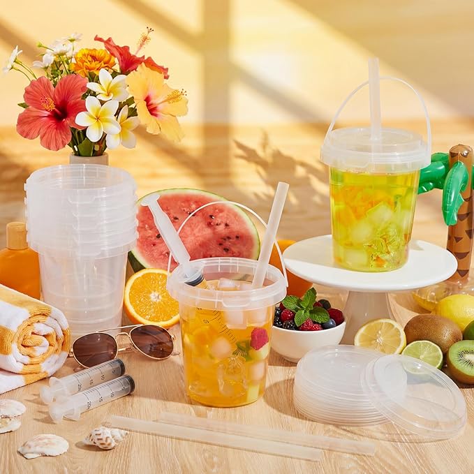 Willinglong 20 Set 34oz Clear Plastic Drink Buckets Rum Buckets for Drink with Straws, Lids and Beverage Syringes Reusable Iced Coffee Cups for Rum Wine Beer Cocktail Beverage Lemonades