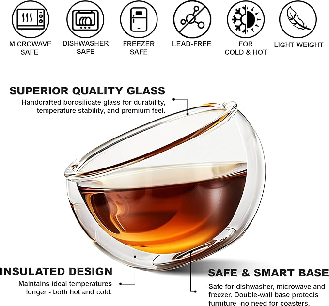 YMMIND 4 Pack Double Walled Glass Teacups Insulated Glasses - (4oz / 120ml) Heatproof Borosilicate Tea Cup, Mini Espresso Cups Gift Box