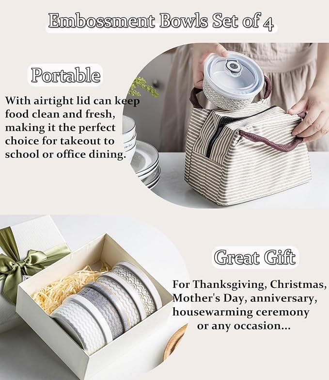 40 Oz Ramekins Ceramic Airtight Bowls Set of 4 - Large Mixing Bowls with Lids Set for Salad, Pho, Soup, Pasta, Dessert, Serving, Oatmeal, Baking Dishes, Dishwasher & Microwave Safe, Beige