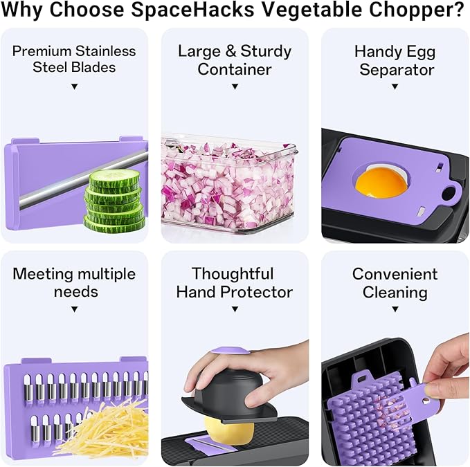 SpaceHacks 12-in-1 Vegetable Chopper, Kitchen Gadgets with 10 Blades, Veggie, Food, Onion Chopper, Cucumber Slicer, Versatile Mandoline, Includes Egg Separator & Finger Guard, Purple