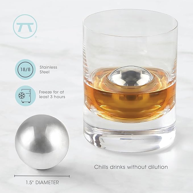 Outset Stainless Steel Ice Cube Spheres, Set of 2 Round Reusable Metal Whiskey Stones with Store Box, 1.57"