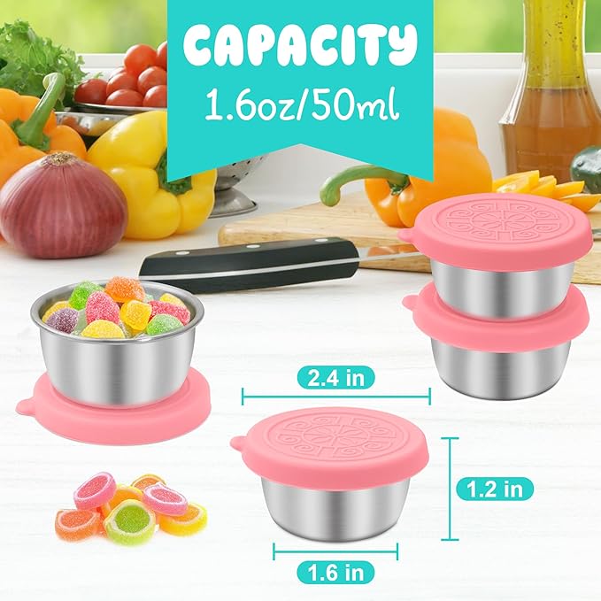 LIEMAND 6x1.6 oz Salad Dressing Container to Go, Leakproof Reusable Stainless Steel Small Container with Lid,Sauce Containers for Lunch box,Picnics,Travel,Office and Meal Prep