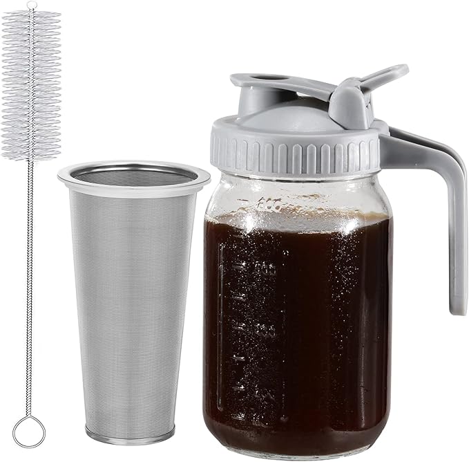 Glyntrof Cold Brew Coffee Maker Glass Pitcher, 32 oz Mason Jar with Pour Spout Handle Lid with Stainless Steel Filter for Iced Coffee, Lemonade, Ice Tea, Fruit Drinks
