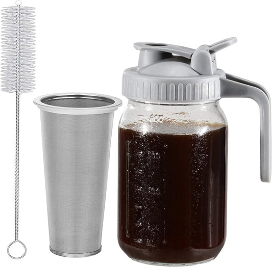 Glyntrof Cold Brew Coffee Maker Glass Pitcher, 32 oz Mason Jar with Pour Spout Handle Lid with Stainless Steel Filter for Iced Coffee, Lemonade, Ice Tea, Fruit Drinks
