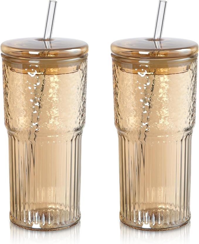 Joeyan 22 oz Amber Glass Tumbler with Straw and Lid for Iced Tea Coffee Smoothie Water Juice Beverages Soda,Ribbed Glasses Cups,Borosilicate Drinking Jar,Set of 2,Dishwasher Safe
