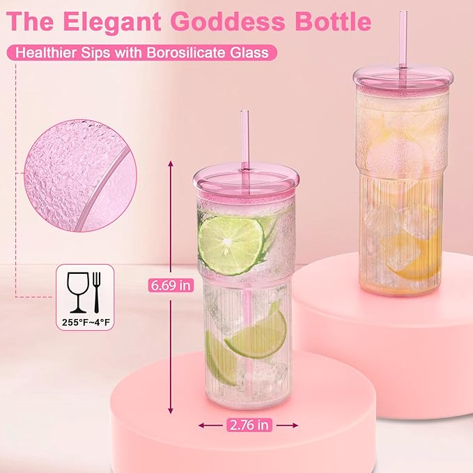 Luiaiog Glass Cups with Lids and Glass Straws, High Borosilicate 20OZ Pink Tumblers (2Pcs) for Coffee, Tea, Juice, Smoothies, Hot & Cold Drinks at Home/Office