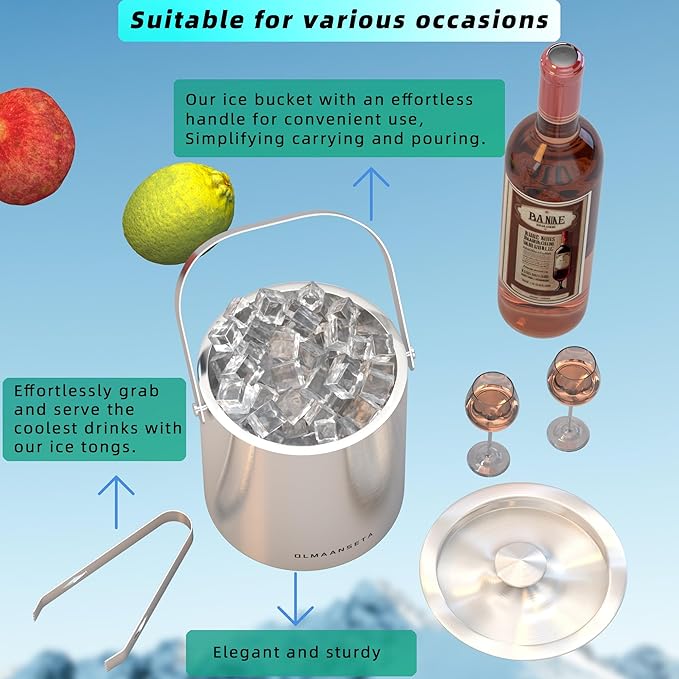 Stainless Steel Ice Bucket For Parties With Lid And Ice Tongs,Insulated Wine Bucket With Strainer Keeps Drinks Cold And Ice Cube From Melting